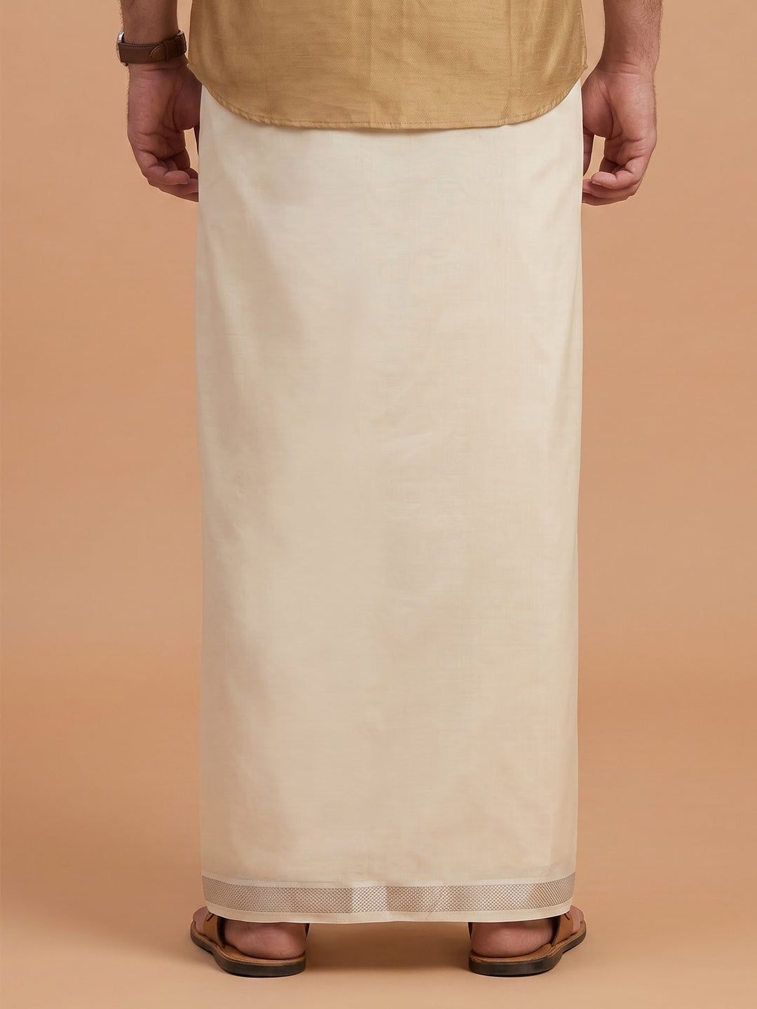 Double Layer Giza Cotton Cream Kora Dhoti with Colour Jari Border - LC40