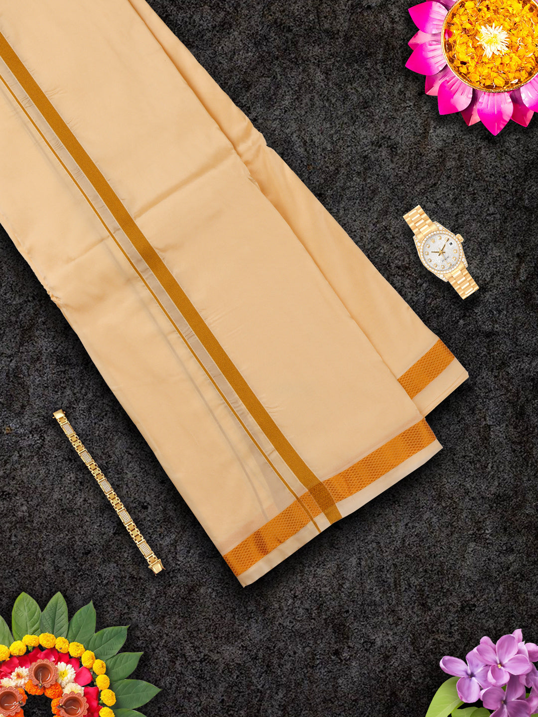 Mens Premium Art Silk Light Sandal Shirting & Gold Jari Border Panchakacham Set 9+5 Ashirwath-View four