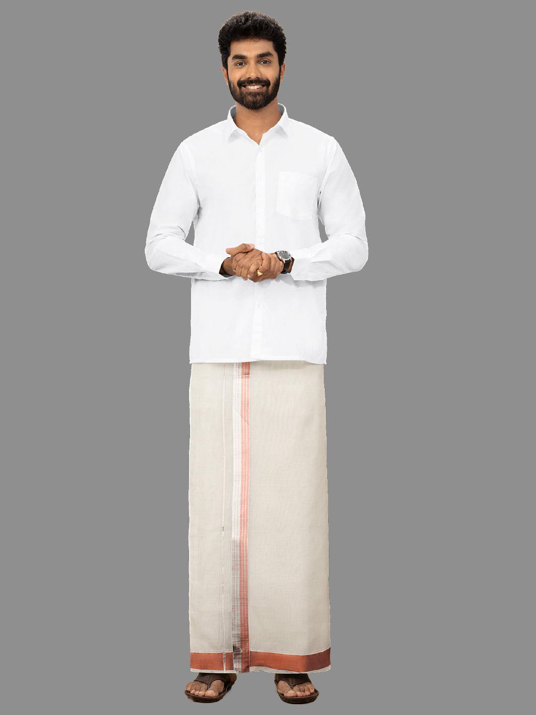 Mens Kora Double Dhoti Copper Jari Border Gold Crown 5435 GC03