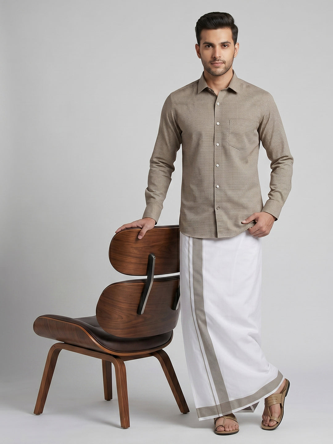 Men Light Grey Matching Border Dhoti With Printed Shirt Set Windsor HNJ2