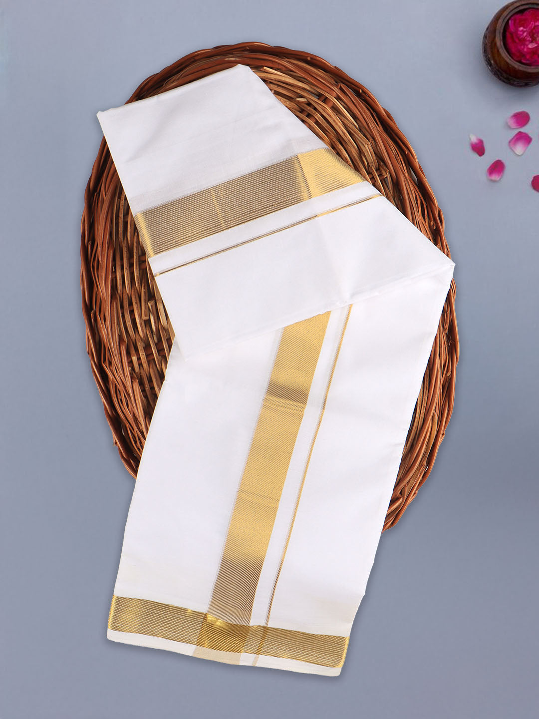 Men 100% Cotton Single Layer White Dhoti with Gold Jari Border Majesty