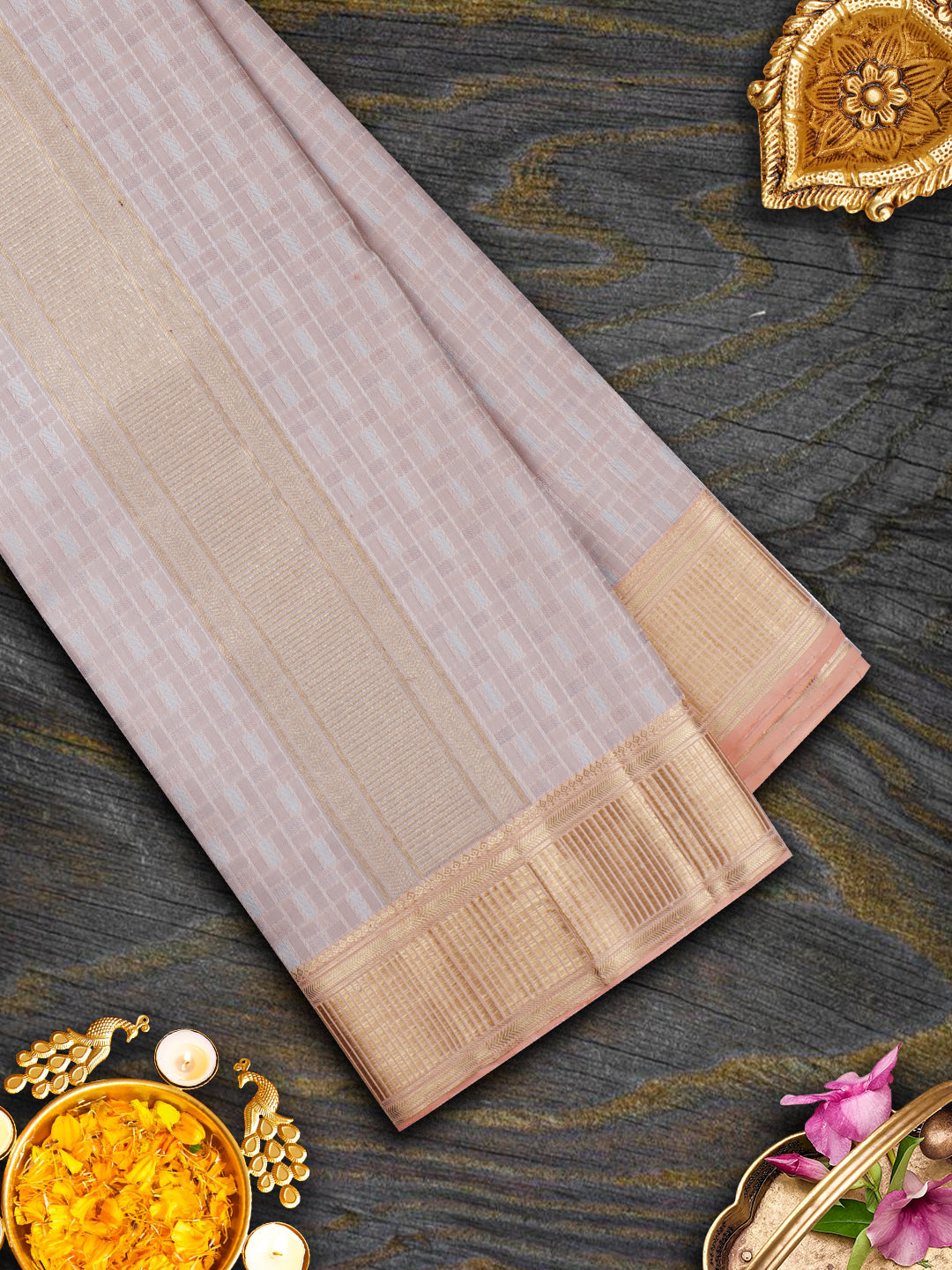 Mens Pure Silk 4" Fawn Copper With Gold Jari Border Dhoti With Towel Amirtham-View three