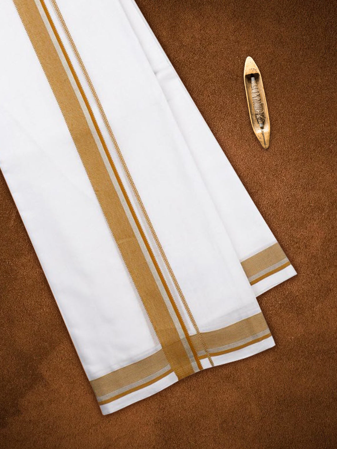 Mens Premium Handloom White Double Dhoti with Gold Fancy Border HLM4206