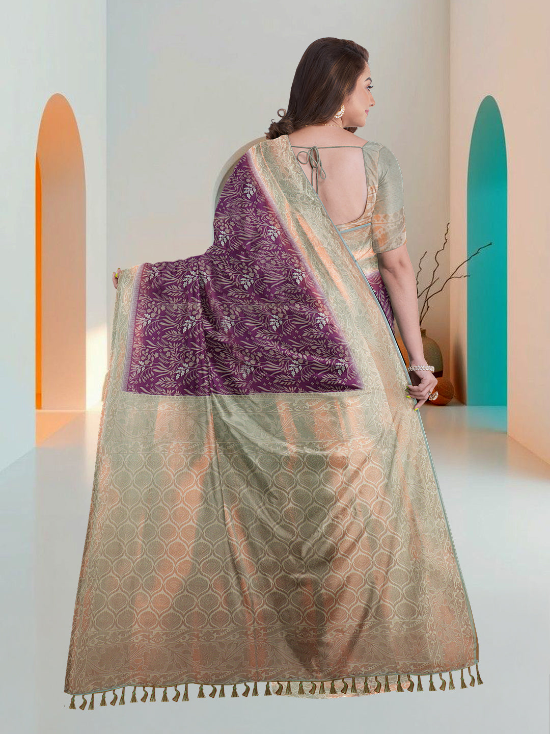 Women Violet Art Silk Printed Saree ASS59