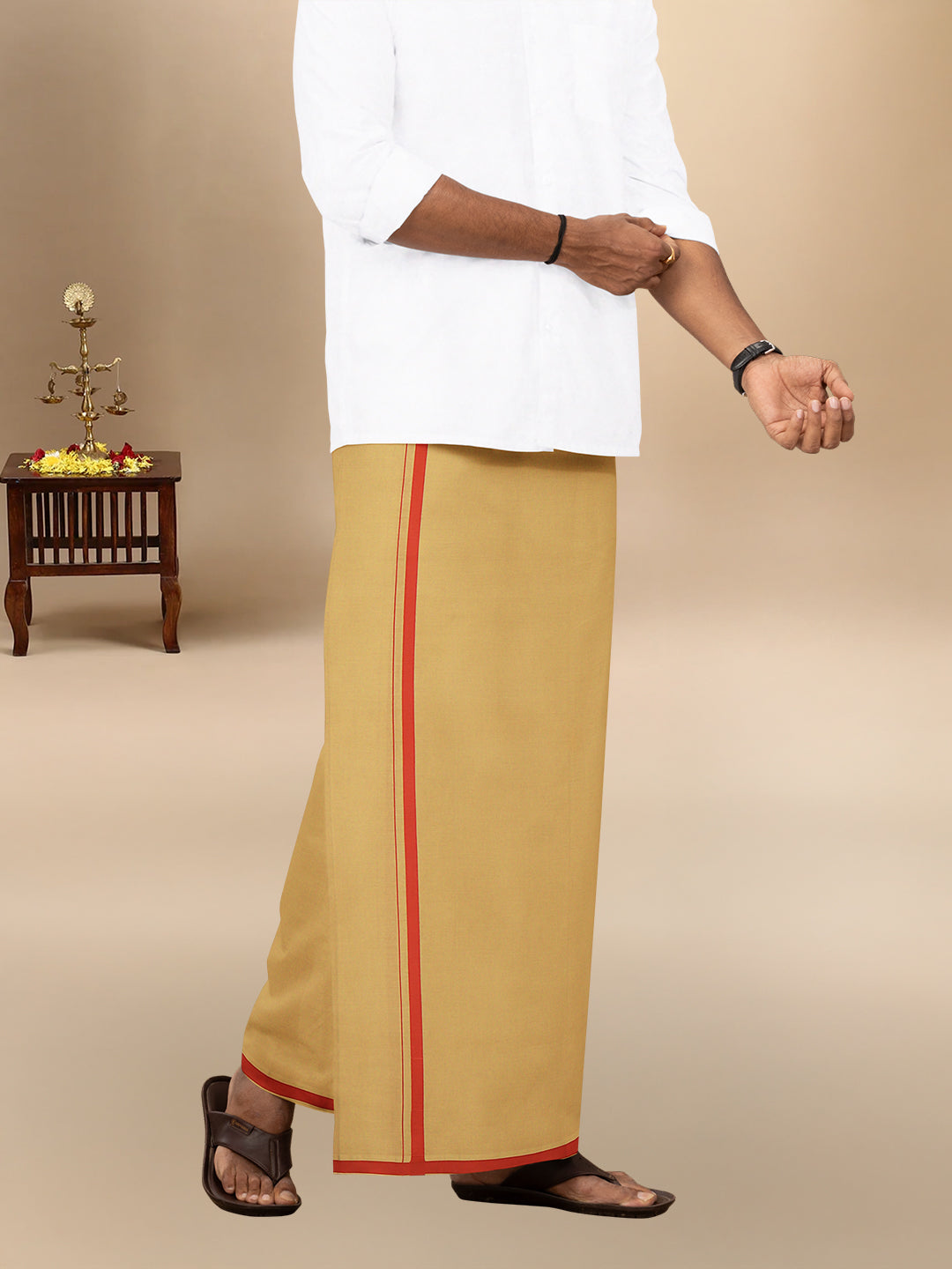 Men 100% Cotton Single Layer Kakki Dhoti with Big Border Poojan