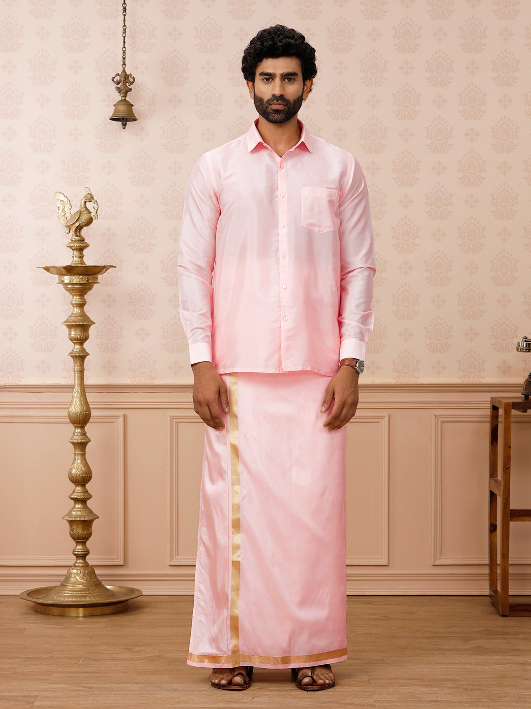 Men Art Silk Petal Pink Shirt & Dhoti Set Swayamvara