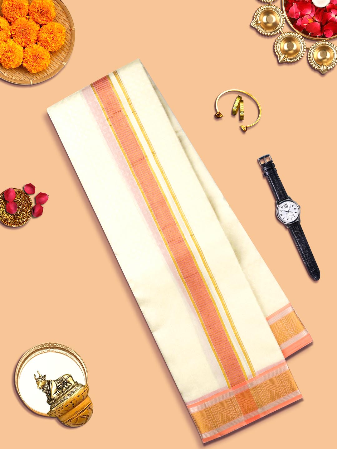 Mens Pure Silk Cream Embossed Design 2" Orange Jari Border With Towel Thirukalyan-View one