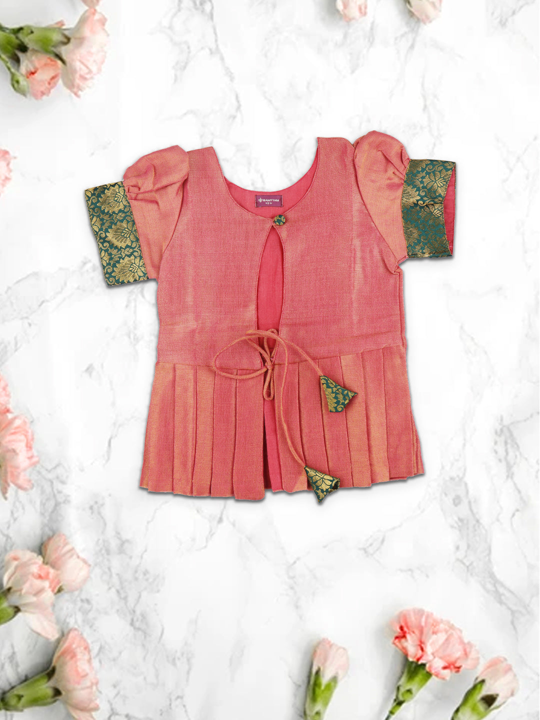 Girls Elegant Pattu Pavadai set Pink with Green  - GPS06