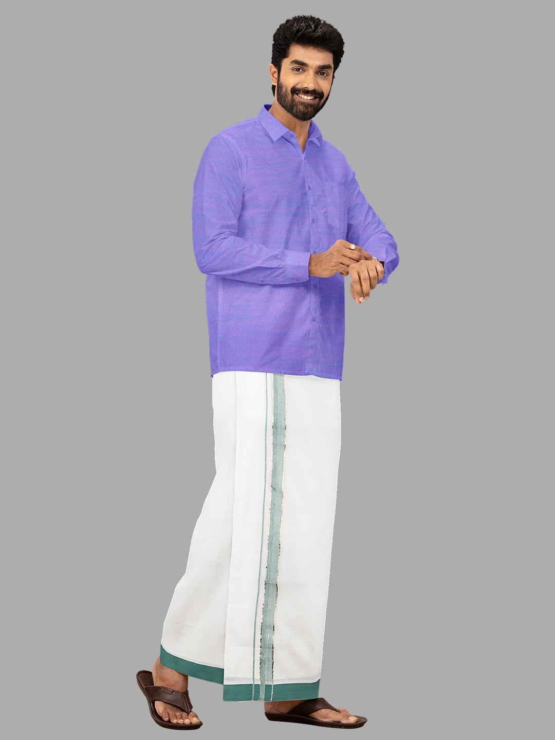 Men White with Green Fancy Jari Border Single Layer Dhoti HJF02