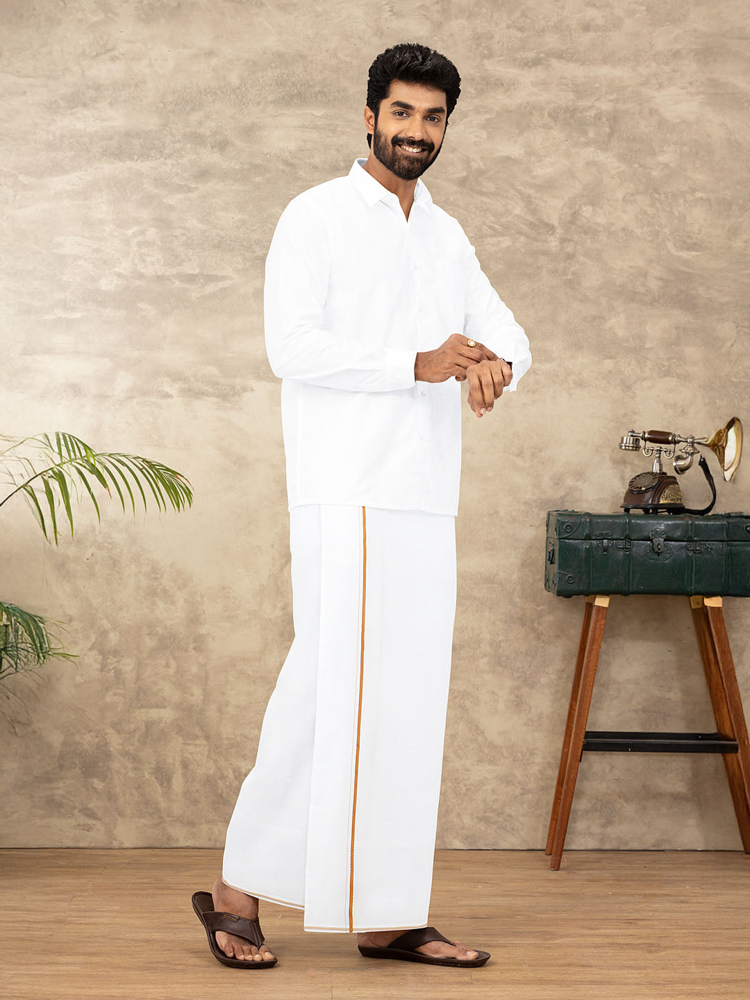 Men 100% Cotton Single Layer White Dhoti with Small Border GC01