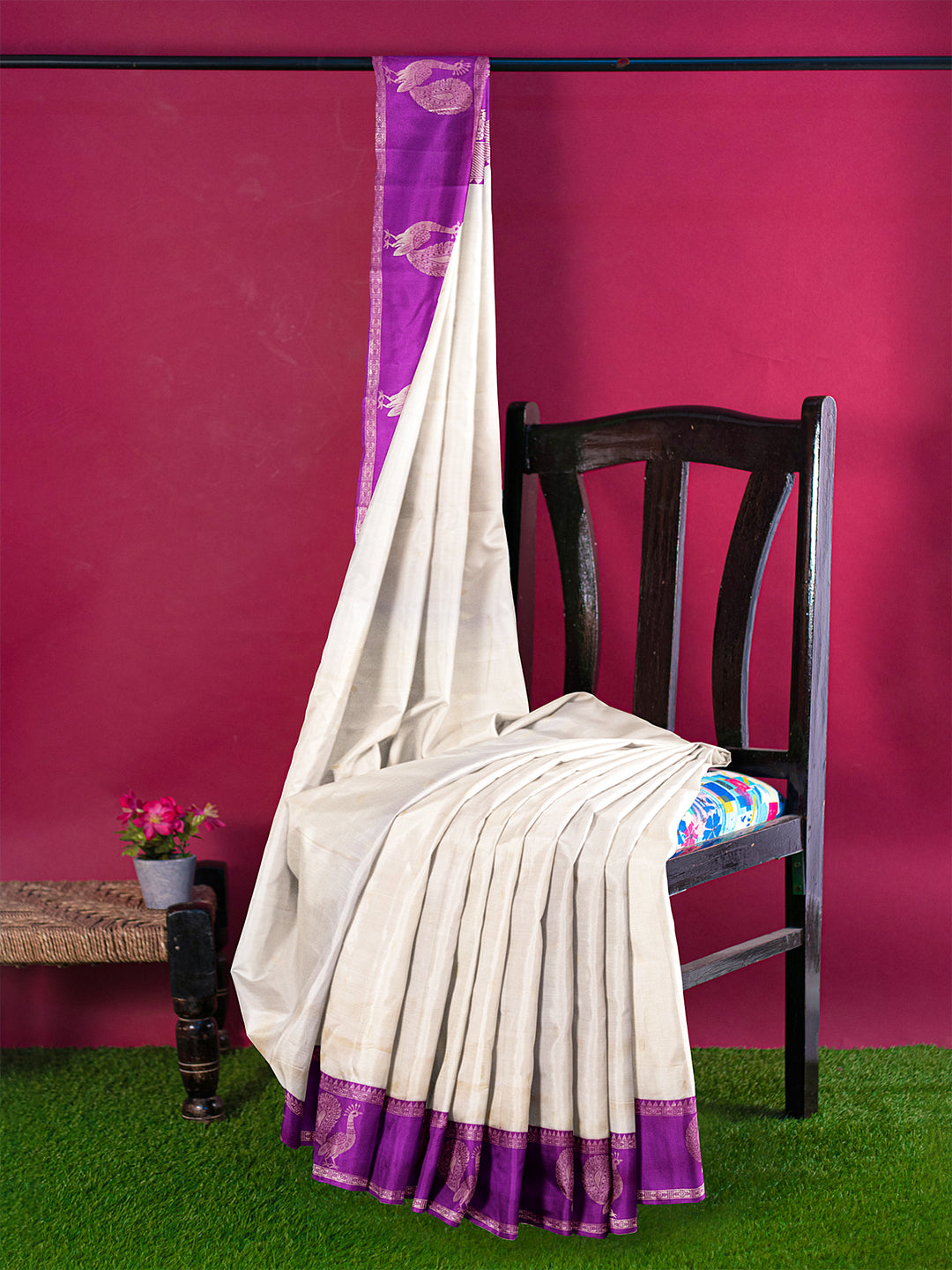 Couple Combo Self Design Shirt & Dhoti Set with Saree Cream ASS99