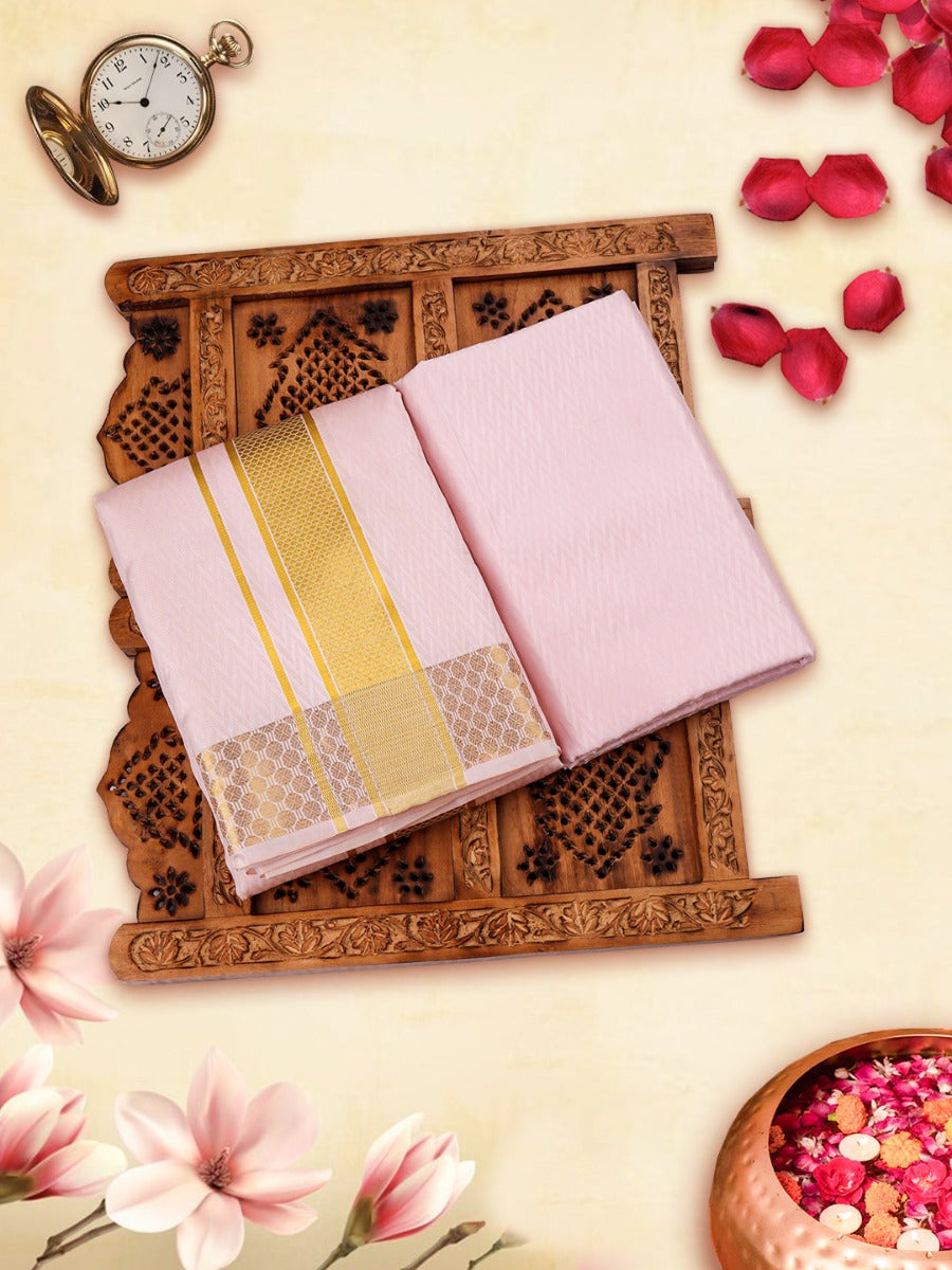 Premium Pure Silk Baby Pink Shirt Bit with Embossed 2 1/2" Gold Jari Border Dhoti & Angavasthram Set Rajahamsa