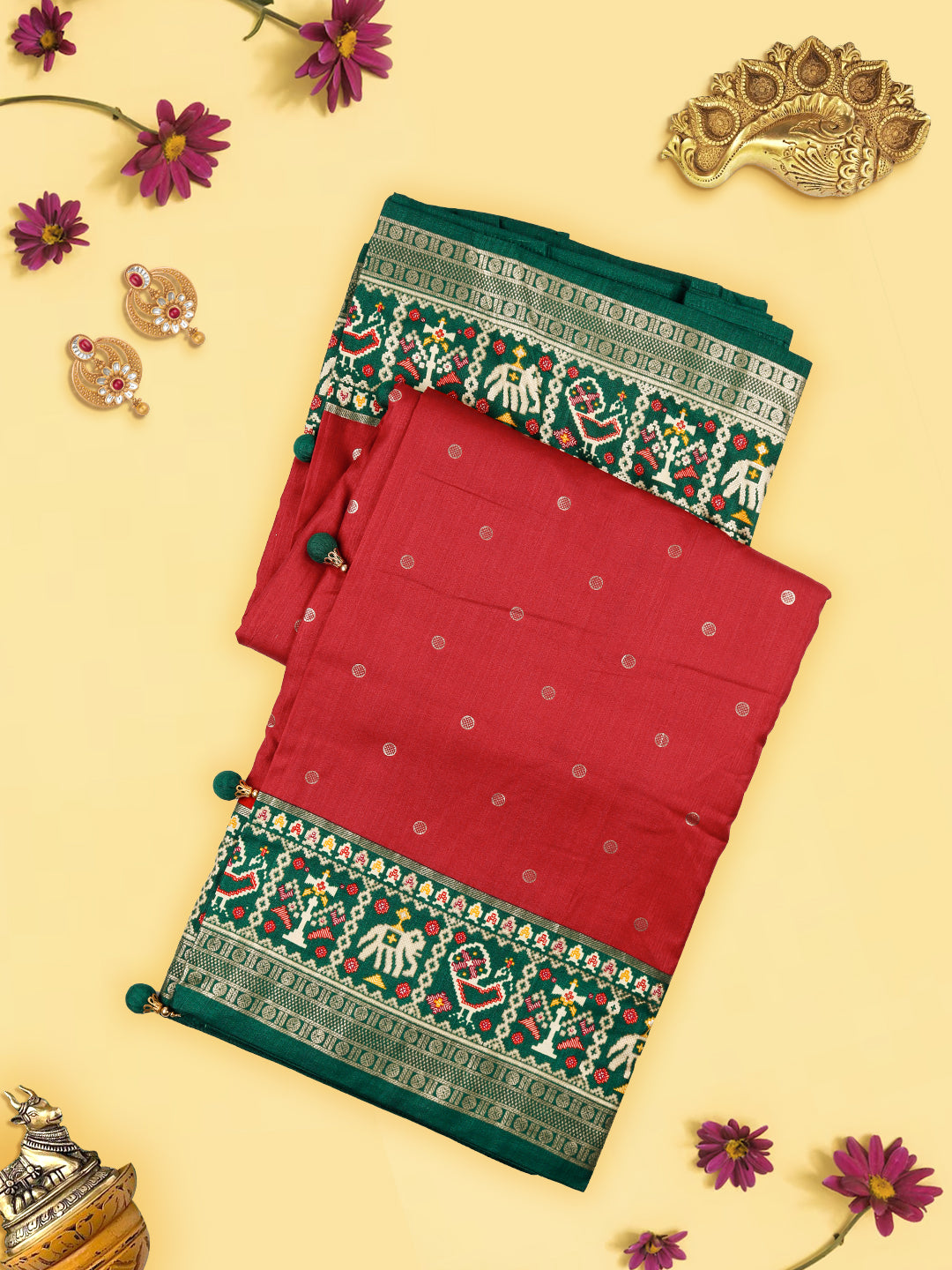 Women Art Silk Printed Red with Green Border Saree AS10-View one