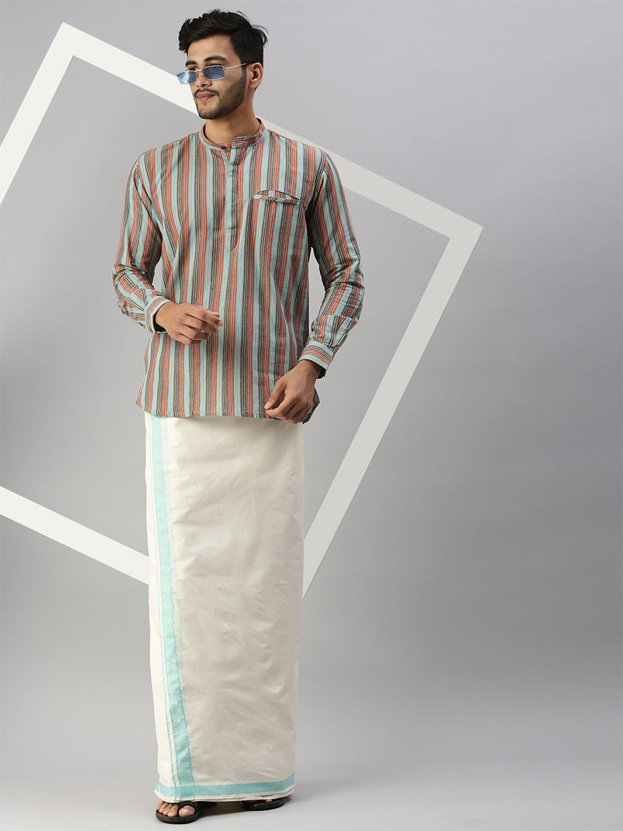 Men Kora Double Dhoti with Sky Blue Plain Border Lake