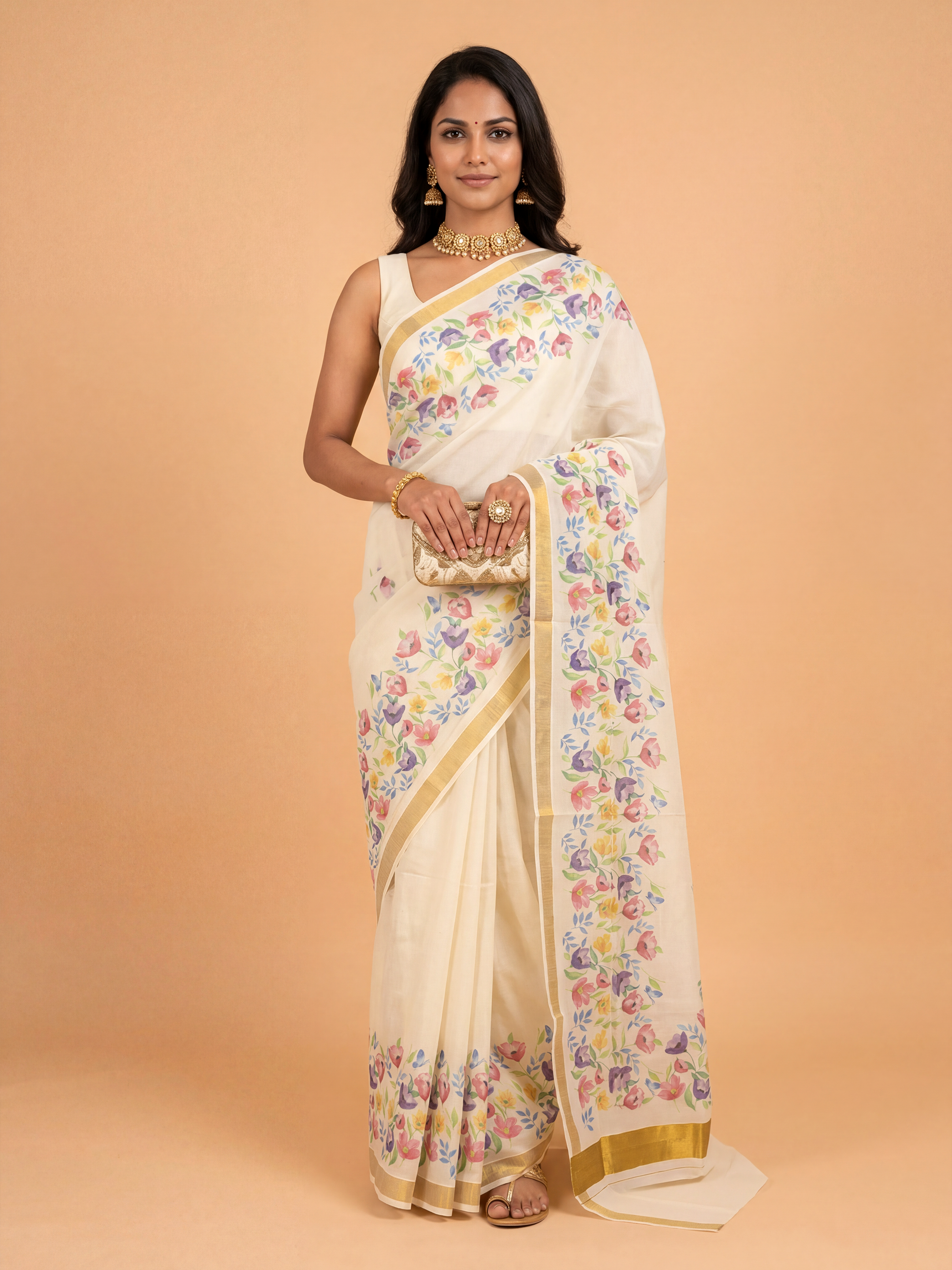 Women Kora Cotton Cream Printed Kerala Saree KLS13