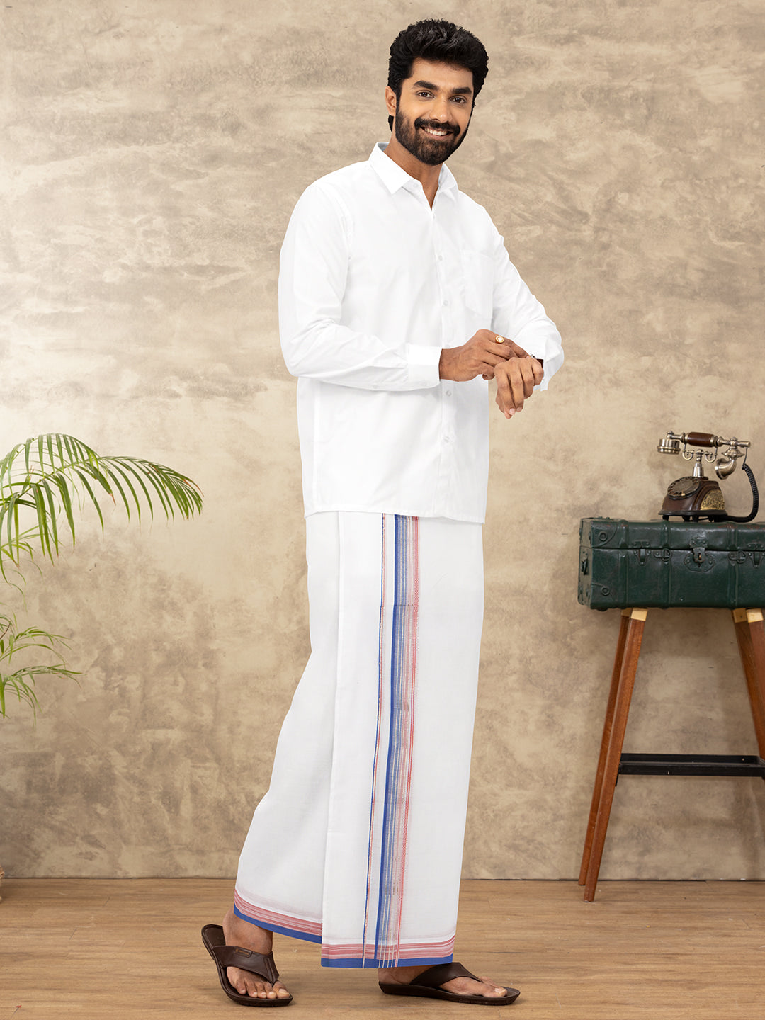 Men 100% Cotton Double Layer White Dhoti with Fancy Jari Border MJF04