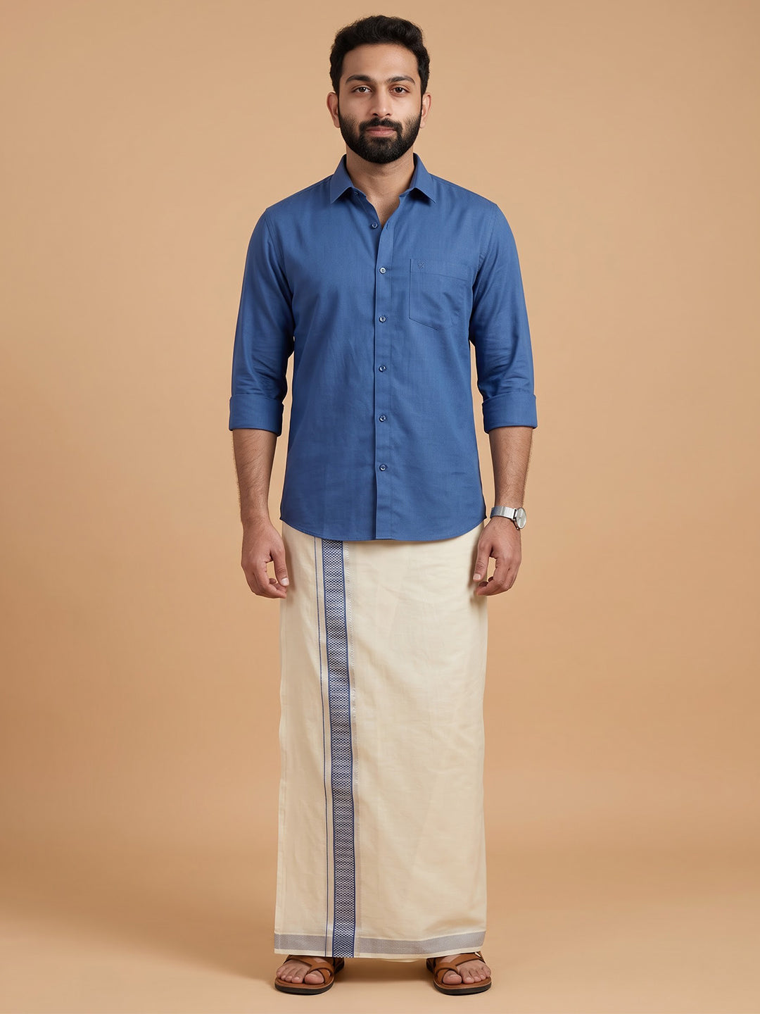 Double Layer Giza Cotton Cream Kora Dhoti with Colour Jari Border - LC39