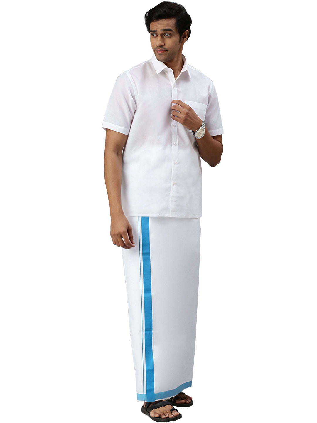 Mens Elegant Look Cotton Single Dhoti with Teal Blue Fancy Border