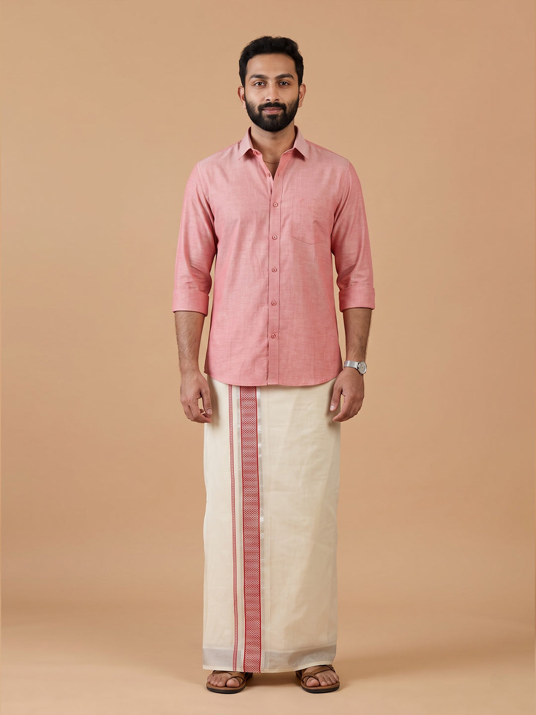 Double Layer Giza Cotton Cream Kora Dhoti with Colour Jari Border - LC41