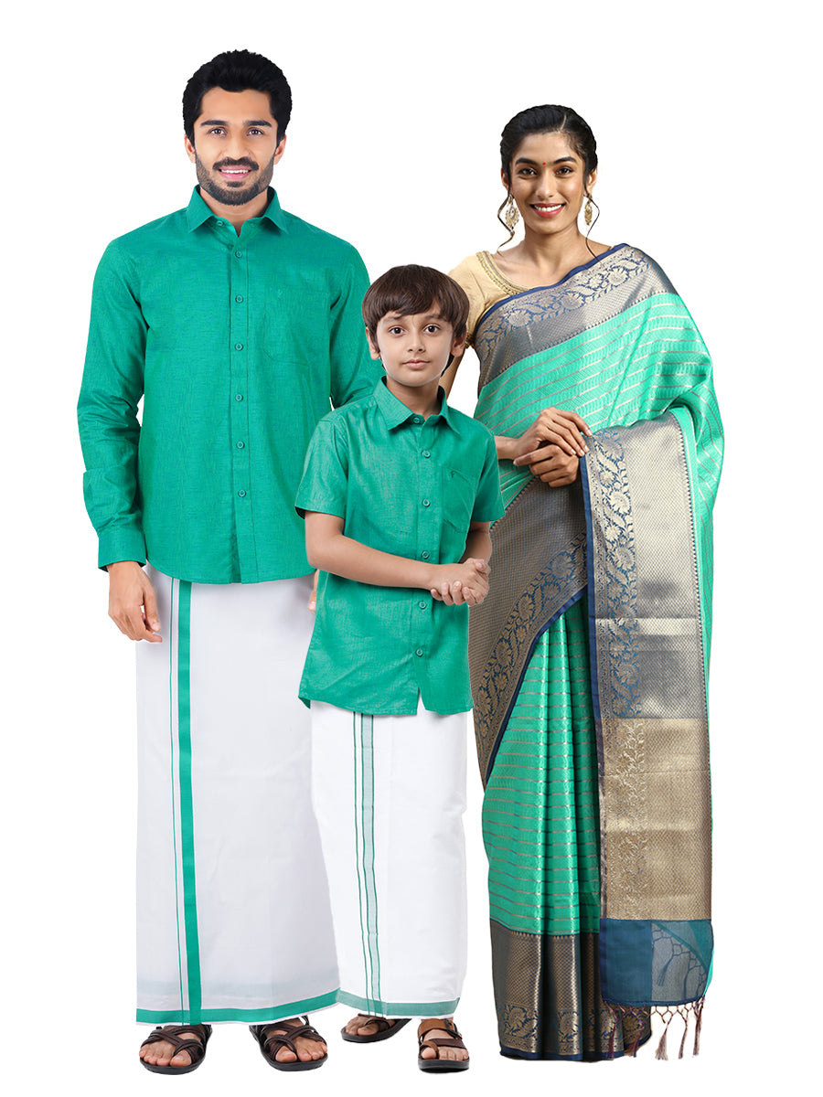 Matching Shirt and Dhoti Set with Saree Family Combo Green