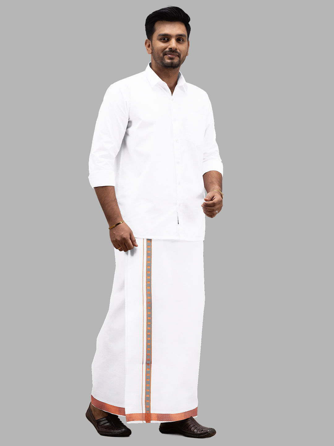 Men White with Grey Fancy Jari Border Single Layer Dhoti Roxy R01