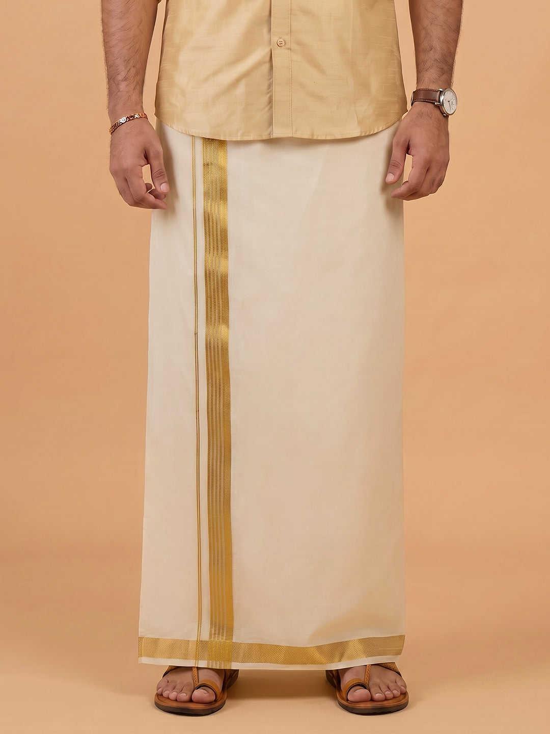 Double Layer 100% Cotton Cream Kora Dhoti with Fancy Jari Border - GJF01