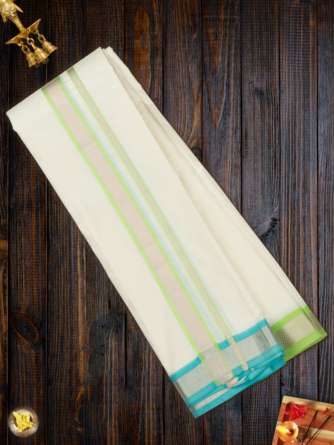Premium Pure Silk Cream Dhoti with 1" Silver Jari Mixing Light Green Color Fancy Border "Upasana"