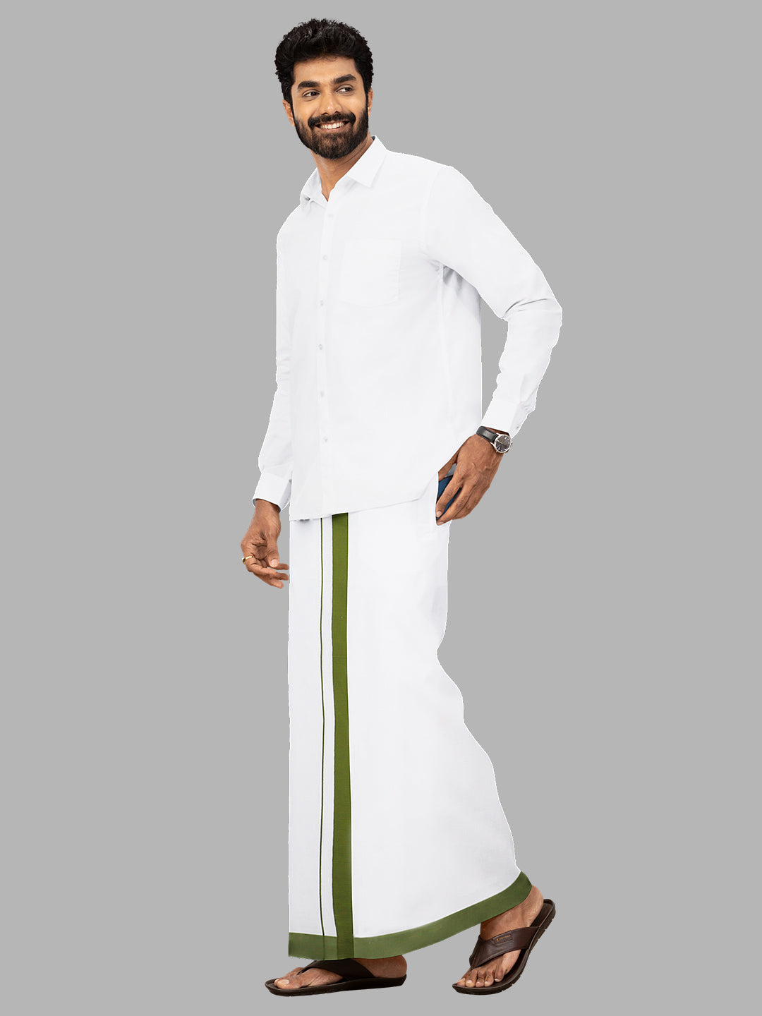 Men Cotton Blend Readymade Single Layer White Dhoti with Big Border GACS2