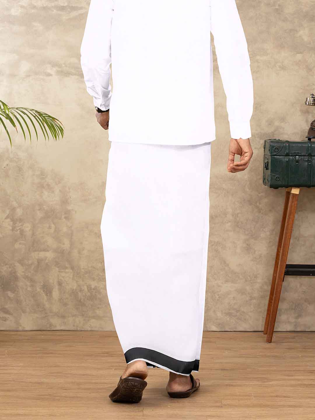 Men Cotton Blend Double Layer White Dhoti with Fancy Jari Border TGJF04