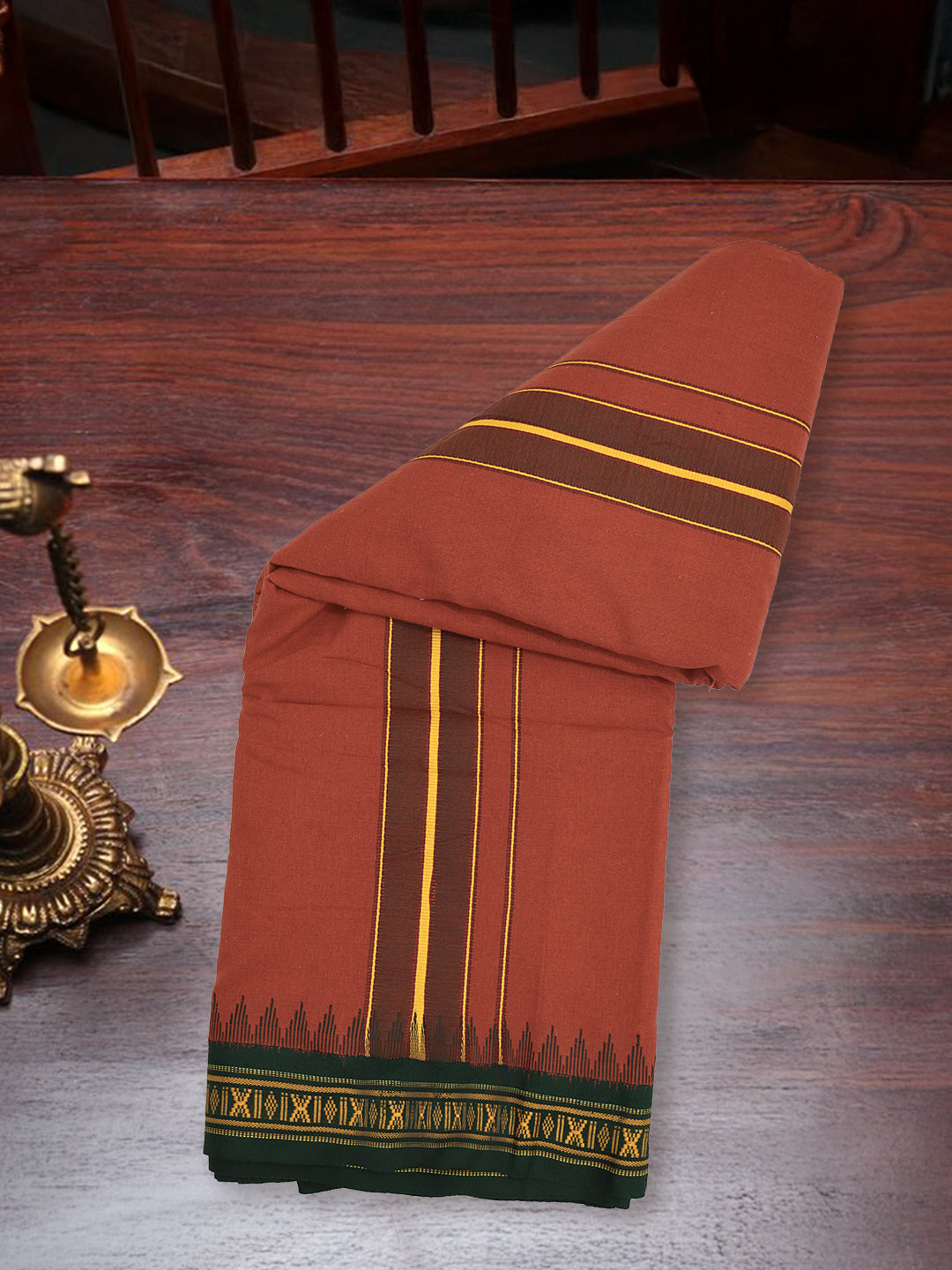 Men 100% Cotton Fancy Border Panchakacham with Angavasthram Kaavi(9+5)