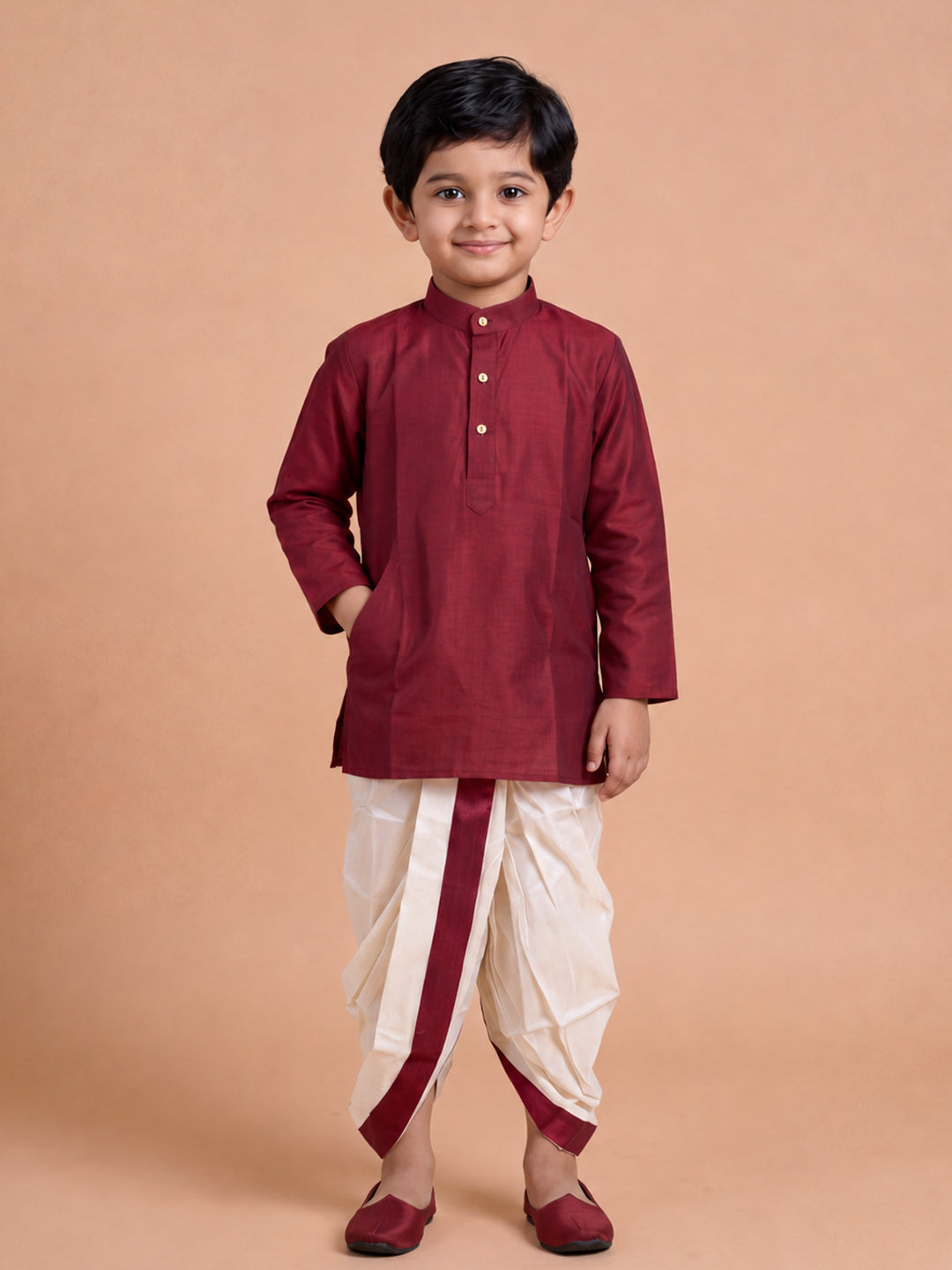 Boys Slub Cotton Full Sleeves Maroon Kurta with Panchakacham Combo Set SL6