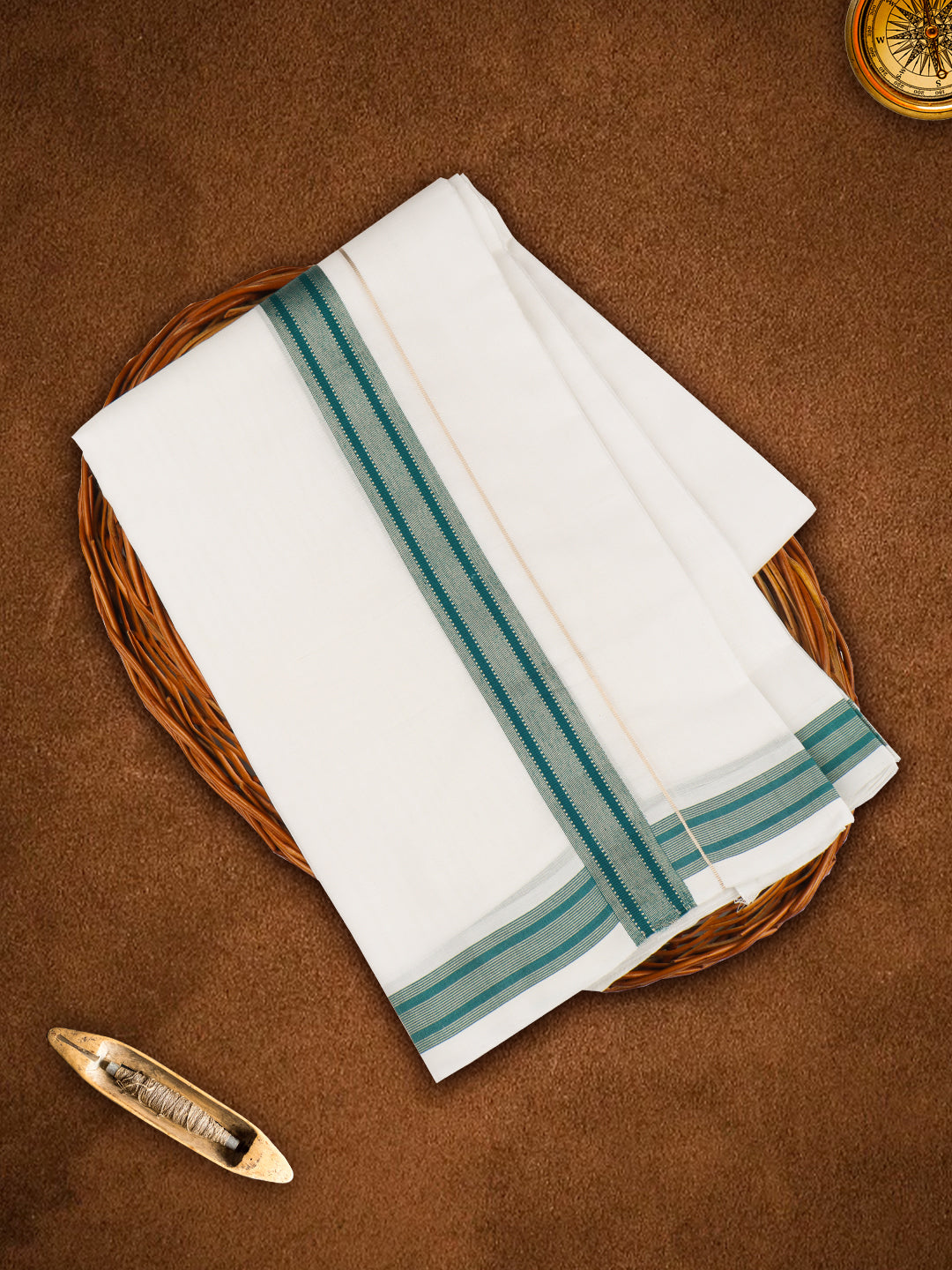 Men Premium Handloom Dhoti Green Fancy Border