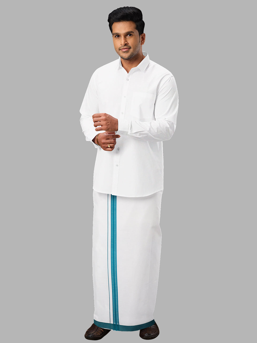 Men Blue Fancy Border Single Layer Adjustable Pocket Dhoti GACF17