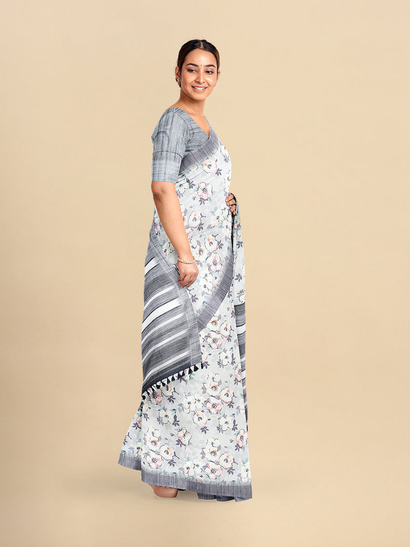 Womens Semi Cotton White & Grey Colour Flower Printed Saree CPS32