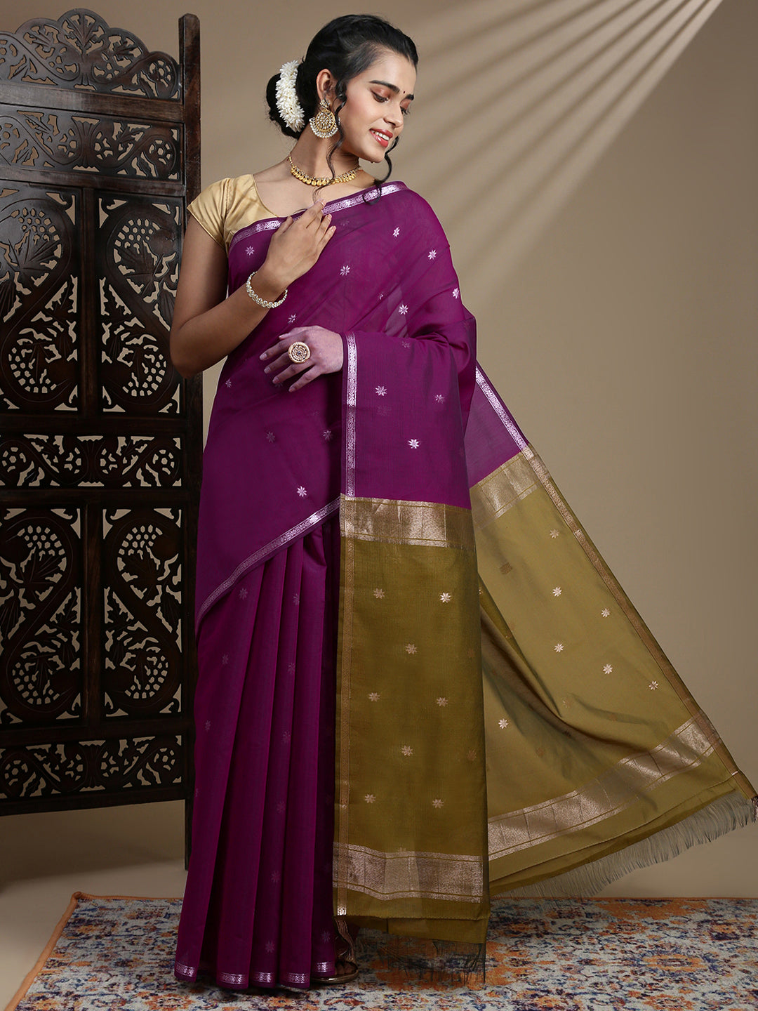 Women Majenta Kora Cotton Fancy Saree SK107