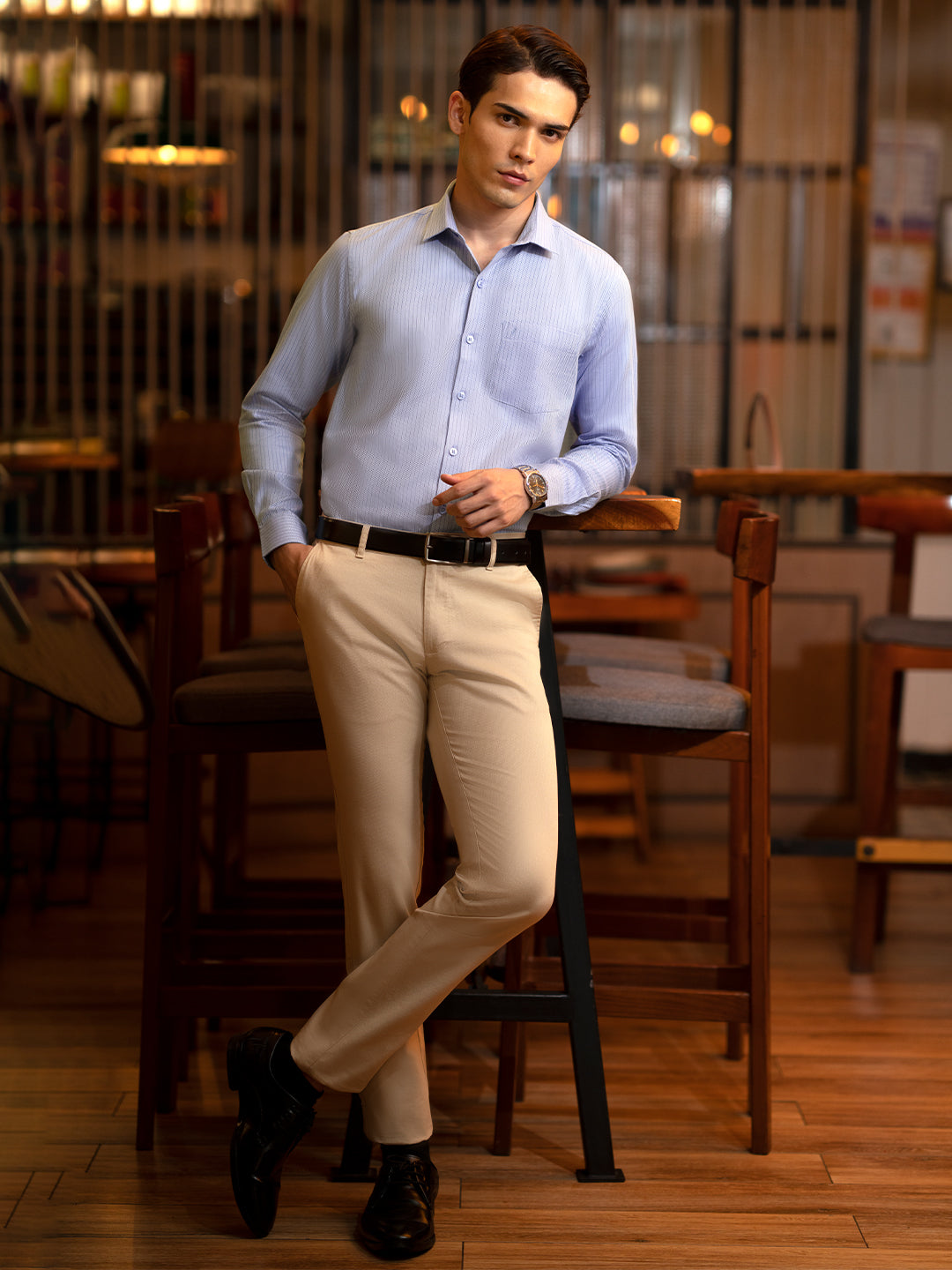 Cotton Dobby Light Blue Stripes Regular Fit Shirt SRAY1