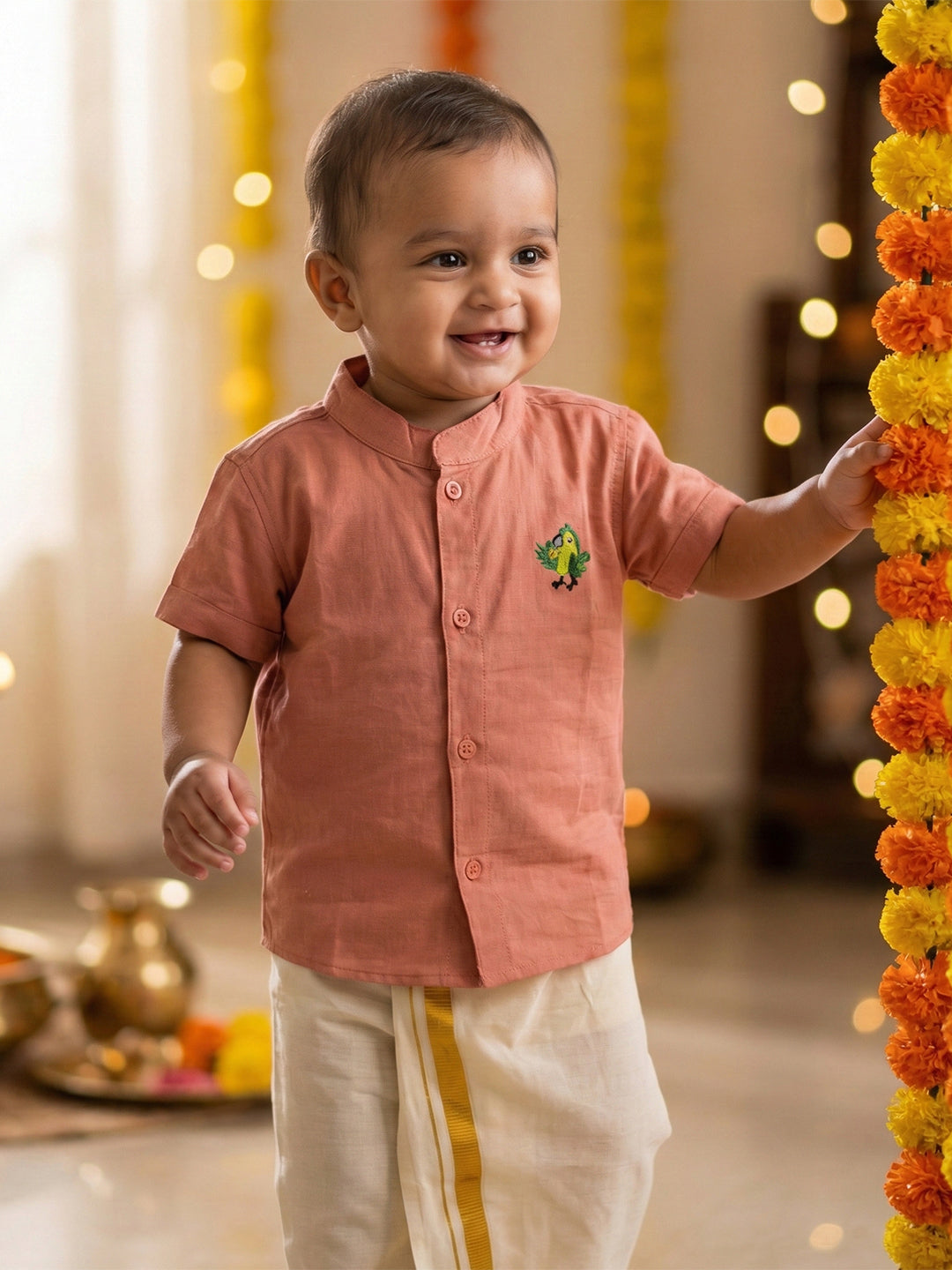 Born Baby Traditional Shirt with Dhoti and Panchakacham Set Pink
