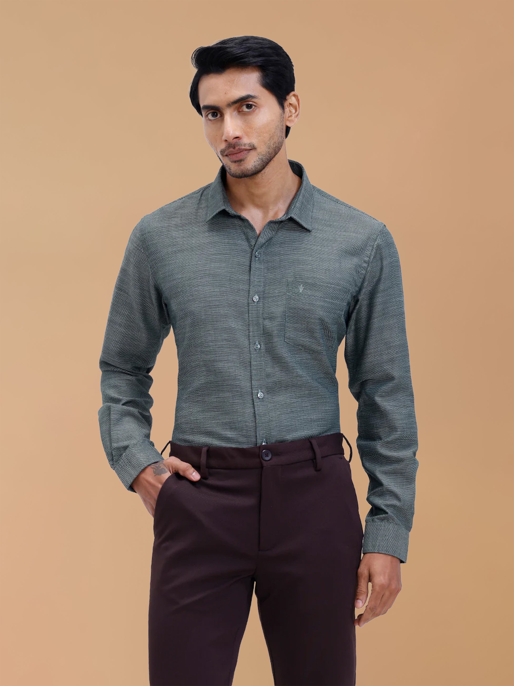 Cotton Rich Green Dobby Regular Fit Shirt T59 AIT3