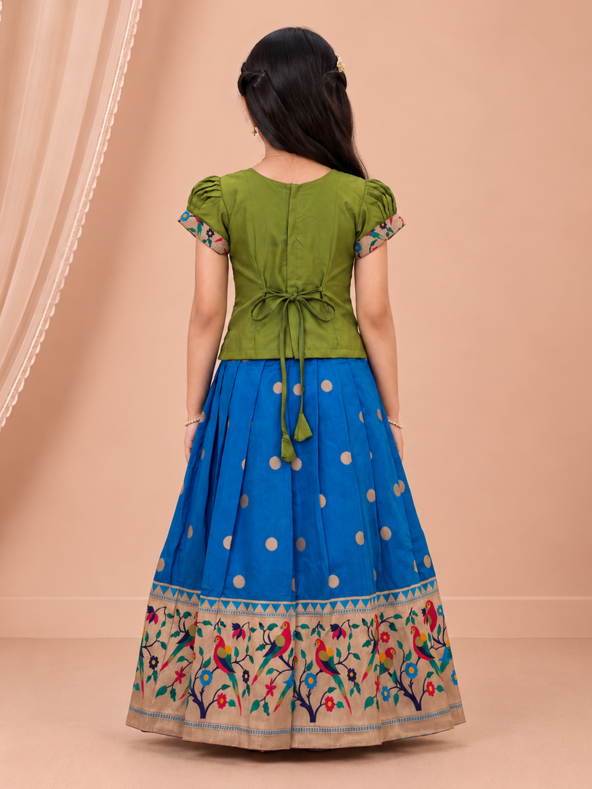 Girls Art Silk Green with Teal Blue Pattu Pavadai Set GPS76