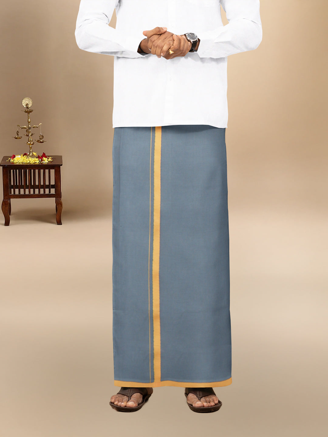 Men 100% Cotton Single Layer Steel Grey Dhoti with Big Border Poojan