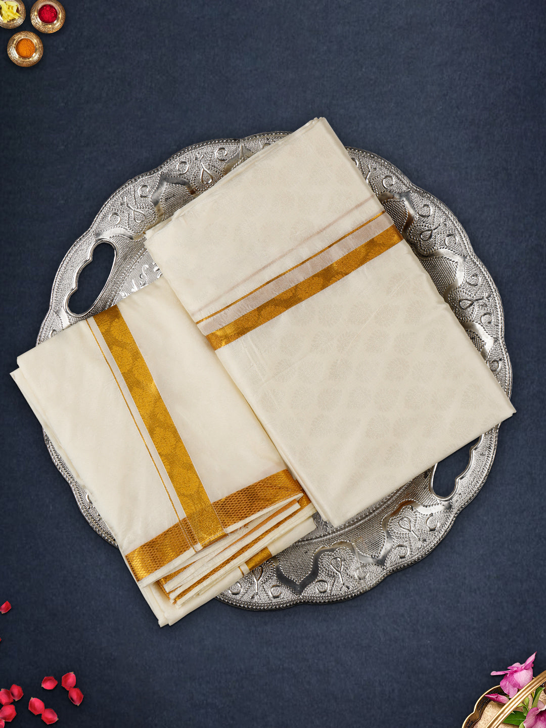 Mens Art Silk Wedding Cream Zari Dhoti & Towel Set-Ishwayam Embose