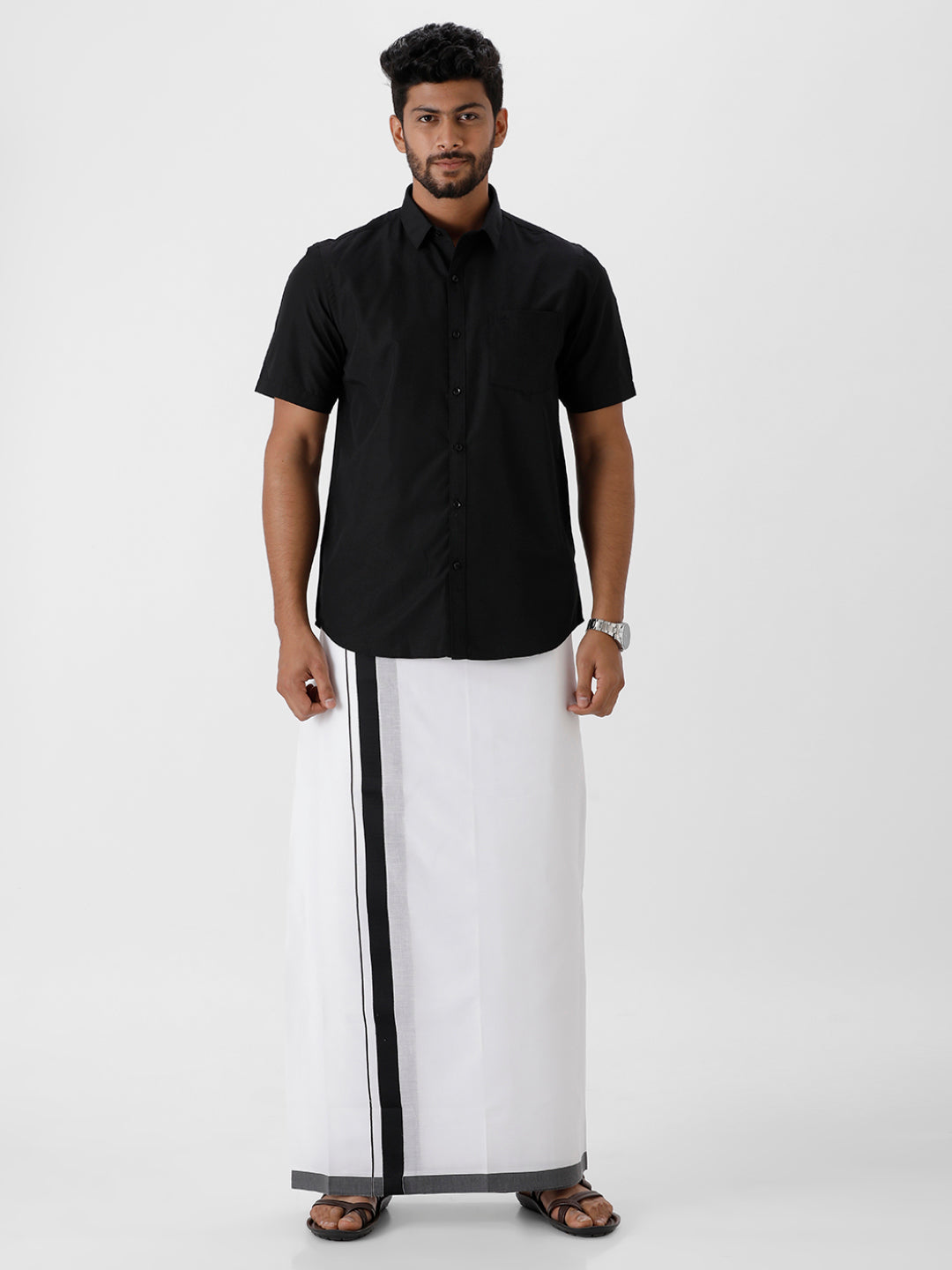 Men Black Fancy Border Double Layer Dhoti White RS01