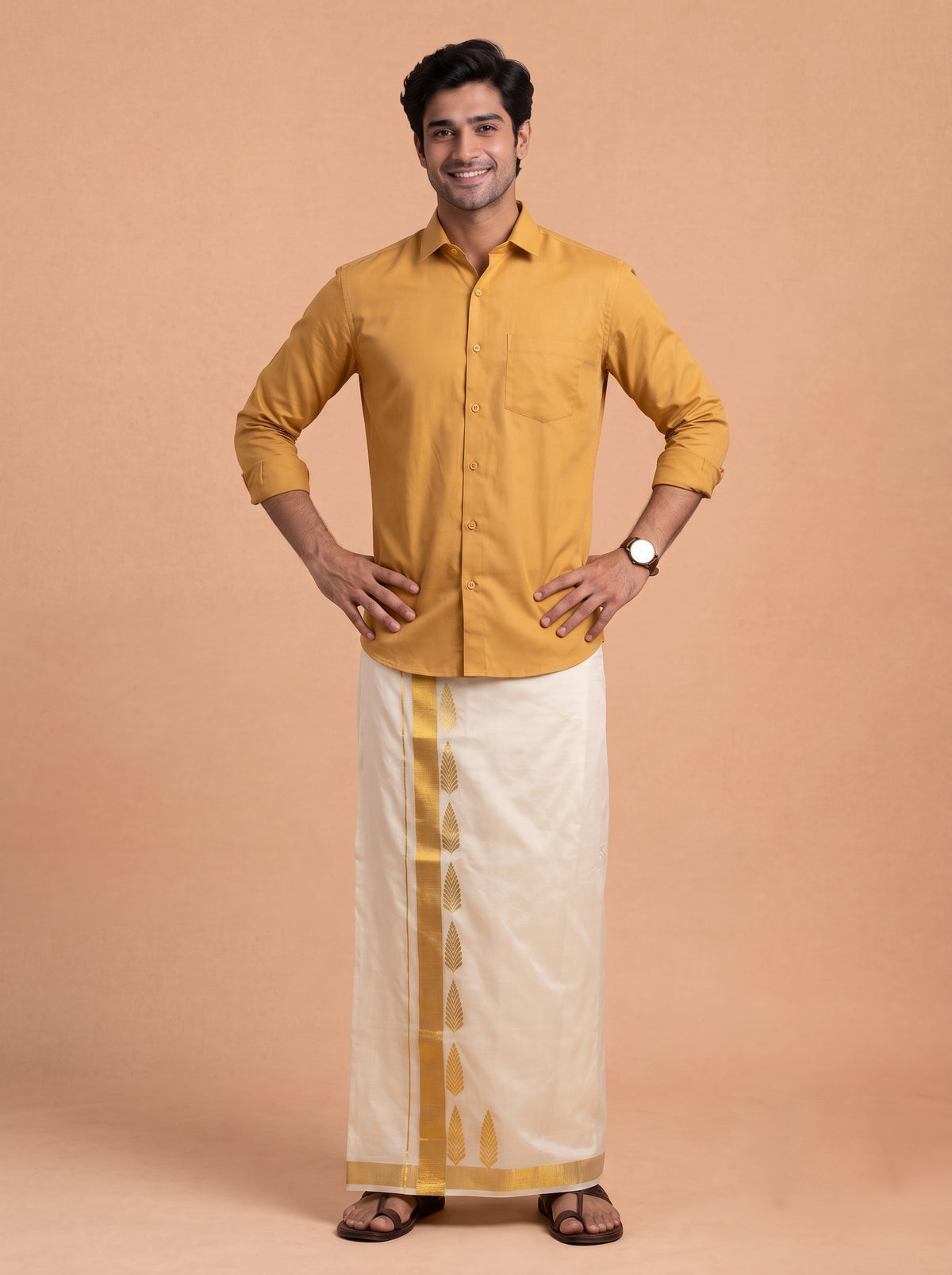 Double Layer Cotton Cream Kora Dhoti With Gold Jari Border - HF Gold HFG07