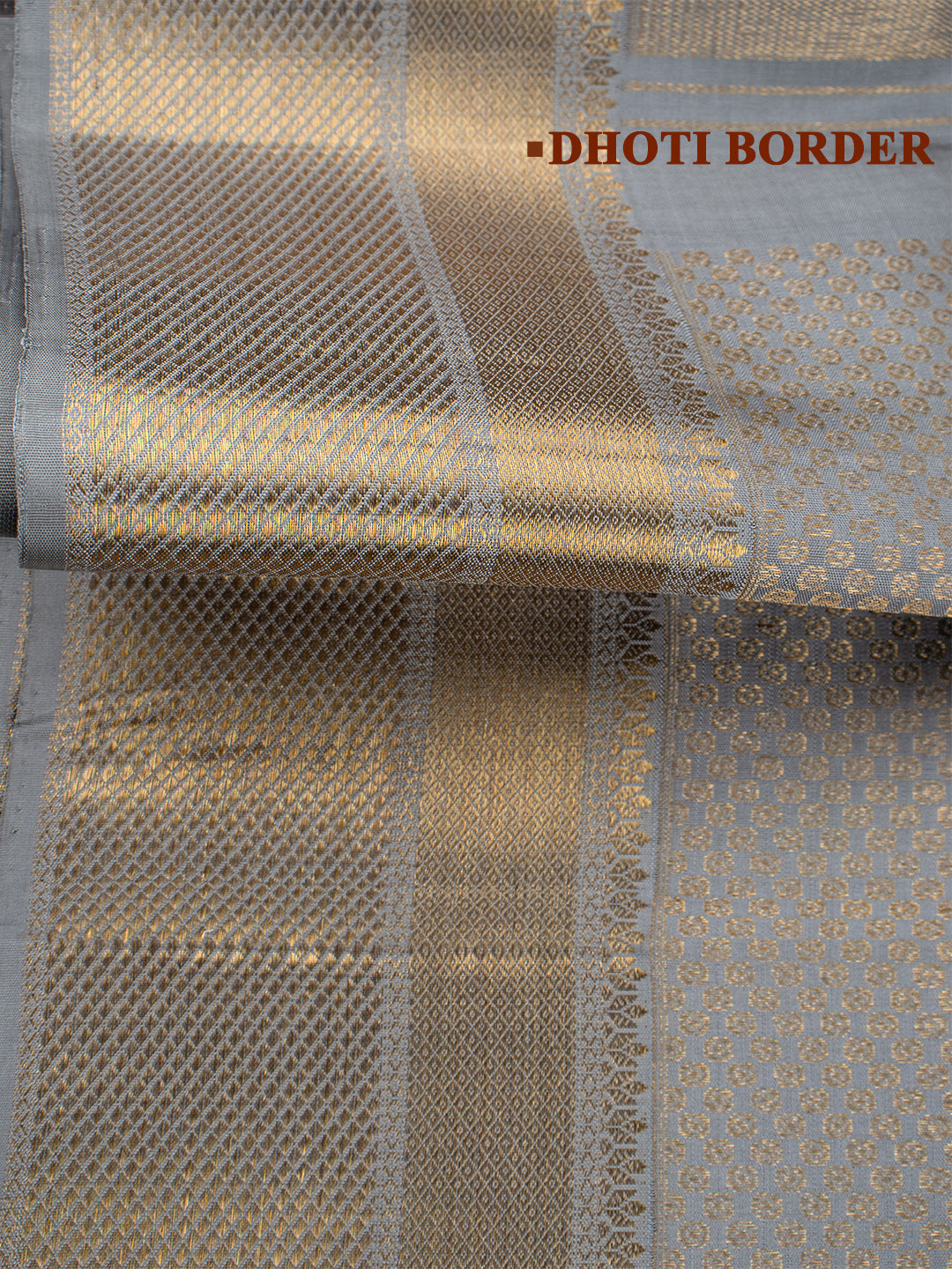Men Premium Pure Silk Grey Dhoti & Towel Set with 6" inch Gold Jari Border Amirtham AM17