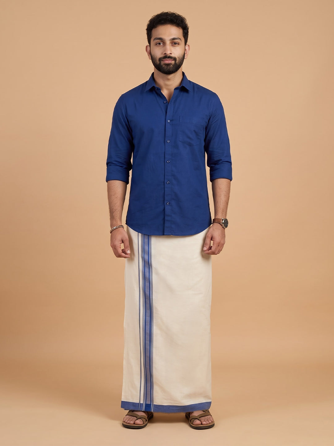 Double Layer 100% Cotton Cream Kora Dhoti with Colour Border - BJM02