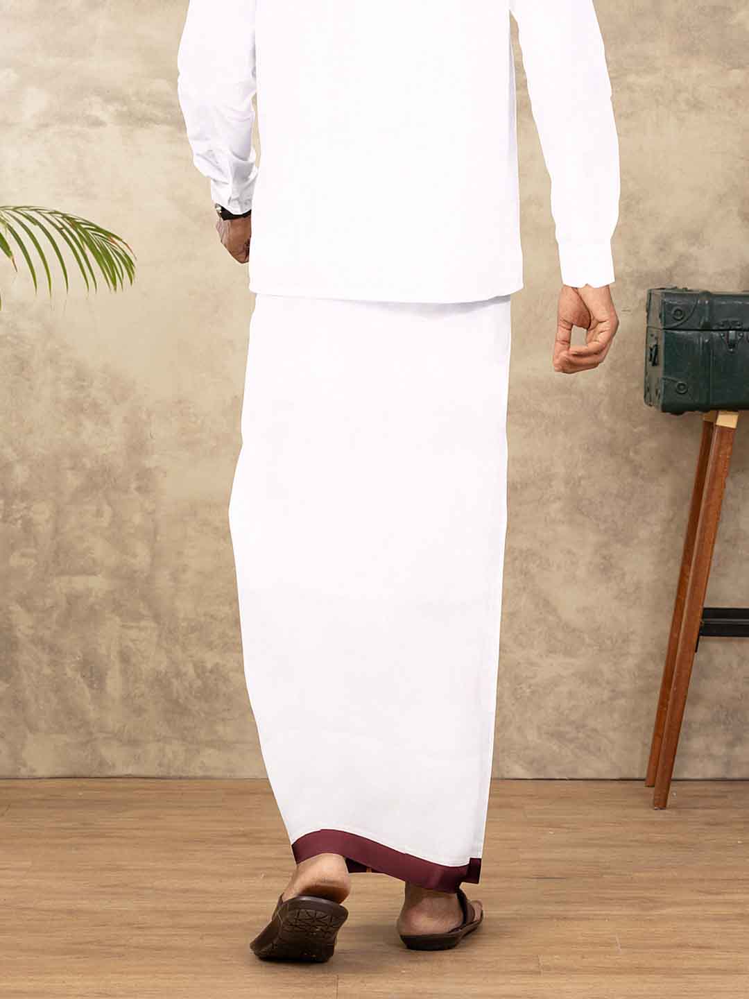 Men Cotton Blend Double Layer White Dhoti with Fancy Jari Border TGJF03