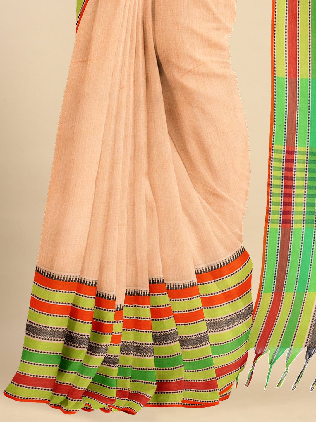 Womens Pure Cotton Plain Orange with Green Colour Border Saree PCS18