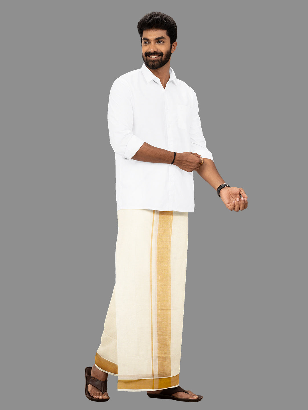 Mens Gold Fancy Border Kora Dhoti EGJ10