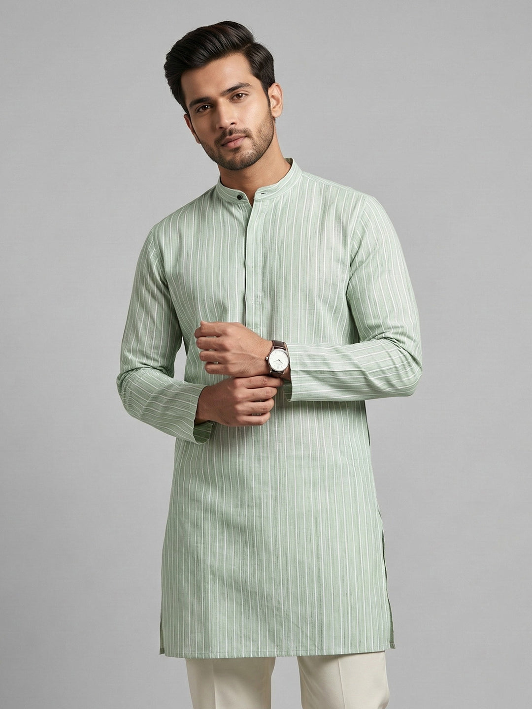 Men Cotton Medium Length Striped Pocket Kurta Light Green RN50