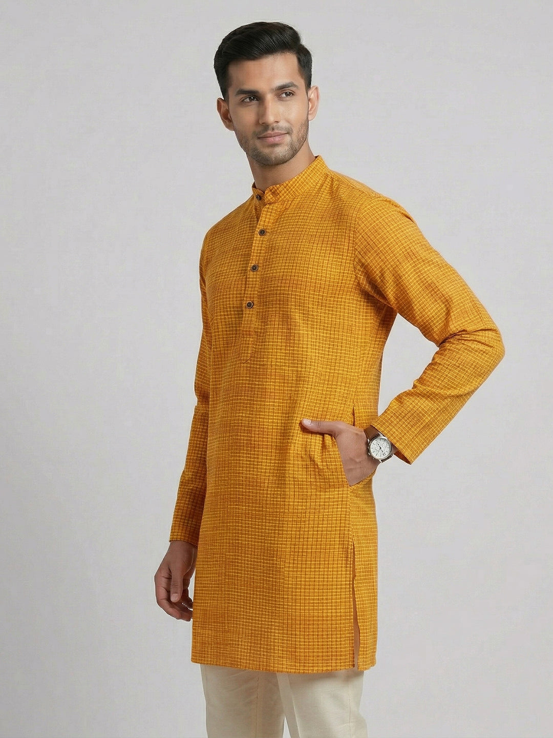 Men Cotton Medium Length Self Design Pocket Kurta Orange Y1
